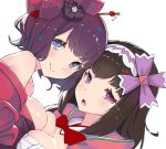  2girls asarokuji asymmetrical_docking bangs bare_shoulders blue_eyes bow bowtie breast_press breasts brown_hair commentary_request dutch_angle eyebrows_visible_through_hair fate/grand_order fate_(series) hair_ornament hairband hairpin highres japanese_clothes katsushika_hokusai_(fate/grand_order) kimono large_breasts long_hair looking_at_viewer multiple_girls off-shoulder_shirt osakabe-hime_(fate/grand_order) parted_bangs purple_hair red_kimono red_neckwear shirt short_hair simple_background smile violet_eyes white_background 