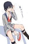  1boy absurdres bangs black_hair blue_eyes chest_scar chicke_iii commentary_request darling_in_the_franxx fan grey_legwear grey_shirt grey_shorts hand_on_own_head highres hiro_(darling_in_the_franxx) holding holding_fan long_sleeves male_focus military military_uniform necktie open_clothes open_shirt paper_fan red_neckwear scar shirt shorts sitting smoke socks solo sweat translated uniform 