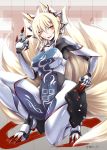  1girl absurdres animal_ears blonde_hair bodysuit breasts covered_navel fox_ears fox_tail highres impossible_clothes inyuppo kyuubi large_breasts looking_at_viewer multiple_tails no_hat no_headwear shiny shiny_clothes short_hair skin_tight solo tail touhou yakumo_ran yellow_eyes 