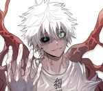  1boy black_sclera cancer_cell_(hataraku_saibou) cracked_eye green_eyes hataraku_saibou heterochromia looking_at_viewer male_focus open_palm parted_lips shirt simple_background smile solo t-shirt tentacle upper_body veins white_background white_hair 