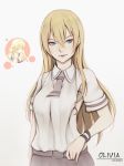  1girl absurdres artist_name asobi_asobase belt blonde_hair blue_eyes breasts character_name closed_mouth collared_shirt eyebrows_visible_through_hair grey_skirt hair_between_eyes highres liya_nikorov long_hair looking_at_viewer medium_breasts olivia_(asobi_asobase) school_uniform shirt short_sleeves skirt smile solo white_shirt wristband 