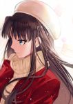  1girl black_hair blue_eyes coat fate/stay_night fate_(series) hat long_hair scarf smile snow snowing solo tohsaka_rin winter_clothes winter_coat yaoshi_jun 