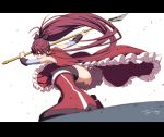  1girl action artist_name bangs black_bow black_legwear blurry blurry_foreground boots bow commentary depth_of_field detached_sleeves dress dust_particles foreshortening frilled_dress frills hair_bow holding holding_weapon letterboxed light_frown long_hair magical_girl mahou_shoujo_madoka_magica one_knee oono_tsutomu open_mouth polearm ponytail red_dress red_eyes red_footwear redhead sakura_kyouko signature sleeveless sleeveless_dress solo spear standing thigh-highs weapon 