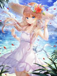  1girl armpits bangs beach bird blonde_hair blue_eyes blue_sky blurry blurry_background blush bracelet breasts closed_mouth clouds collarbone day dress floating_hair flower hair_ribbon hand_on_headwear hat hat_flower hat_ribbon highres jewelry light_particles long_hair looking_at_viewer mellozzo original outdoors petals red_flower ribbon sidelocks sky small_breasts smile solo sparkle straw_hat thighs water_drop white_dress wind 