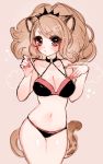  1girl animal_ears bare_shoulders big_hair bikini black_bikini black_choker blush breasts chino_machiko choker cleavage closed_mouth copyright_request cowboy_shot eyebrows_visible_through_hair fingernails heart large_breasts lion_ears lion_tail looking_at_viewer nail_polish navel o-ring o-ring_top ponytail red_eyes red_nails short_hair solo standing sweatdrop swimsuit tail 