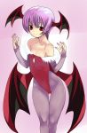  1girl arched_back bangs bare_shoulders bat_wings black_wings bob_cut breasts bridal_gauntlets calpi cleavage cleavage_cutout closed_mouth collarbone commentary_request covered_navel demon_girl demon_wings eyebrows_visible_through_hair feather_trim feet_out_of_frame gluteal_fold hands_up head_wings highleg highleg_leotard highres leotard light_smile lilith_aensland looking_at_viewer pantyhose purple_background purple_hair purple_legwear red_eyes red_leotard short_hair simple_background sketch_eyebrows skinny small_breasts solo standing strapless strapless_leotard succubus thigh_gap vampire_(game) very_short_hair wide_hips wings 