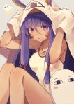  &lt;o&gt;_&lt;o&gt; 1girl bare_legs bare_shoulders blanket blush breasts commentary_request competition_swimsuit eyebrows_visible_through_hair fate/grand_order fate_(series) grey_background hair_between_eyes hair_tubes hands_up jewelry legs_up long_hair medium_breasts medjed necklace nitocris_(fate/grand_order) one-piece_swimsuit oshio_(dayo) parted_lips purple_hair simple_background solo swimsuit violet_eyes wet white_swimsuit 