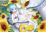  1girl :o bangs bare_arms bare_legs bare_shoulders barefoot bikini blue_bikini blue_eyes blue_hair blush breasts cleavage collarbone commentary_request cup eyebrows_visible_through_hair flower food hair_between_eyes holding holding_food ice ice_cube in_container in_cup jug long_hair looking_at_viewer low_twintails medium_breasts minigirl original parted_lips popsicle saucer seero sidelocks solo spoon sunflower swimsuit twintails very_long_hair water yellow_flower 