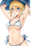  1girl absurdres artoria_pendragon_(all) bikini blonde_hair blue_eyes blush breasts commentary_request fate/grand_order fate_(series) hat highres jacket_lift looking_at_viewer medium_breasts mysterious_heroine_xx_(foreigner) navel nose_blush open_mouth parted_lips ponytail samoore short_hair side-tie_bikini solo swimsuit white_background white_bikini 