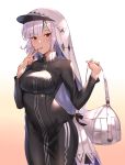  1girl altera_(fate) arms_up bag bangs black_dress black_fire_(peter02713) black_ribbon blunt_bangs breasts covered_navel dark_skin dress drooling duffel_bag expressionless eyebrows_visible_through_hair fate/grand_order fate_(series) fingernails gradient gradient_background grey_hair headband heroic_spirit_traveling_outfit highres long_sleeves looking_at_viewer medium_breasts mouth_hold pink_background red_eyes ribbon saliva shiny shiny_hair short_hair sidelocks solo standing turtleneck veil visor_cap white_background 