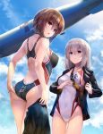  2girls adjusting_clothes adjusting_swimsuit aircraft alternate_costume ass ass_visible_through_thighs blue_eyes blue_sky blush brown_eyes brown_hair butt_crack clouds competition_swimsuit covered_navel dirigible emblem eyebrows_visible_through_hair from_below girls_und_panzer grey_hair gun hair_between_eyes handgun holding holding_jacket holster itsumi_erika jacket kiryuu_takahisa kuromorimine_(emblem) kuromorimine_school_uniform long_hair looking_at_viewer multiple_girls nishizumi_maho one-piece_swimsuit open_mouth pistol shoulder_blades shoulder_holster sky swimsuit swimsuit_under_clothes thighs weapon weapon_request zeppelin 