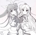  2girls :o ahoge armor bangs blush bow closed_mouth commentary crop_top dress eyebrows_visible_through_hair fingerless_gloves foreshortening from_side fuuka_reventon gloves greyscale hair_bow hair_ornament hair_ribbon hairclip jacket long_hair long_sleeves looking_at_viewer lyrical_nanoha magical_girl monochrome multiple_girls overskirt parted_lips petag2 petals ponytail pose ribbon rinne_berlinetta shirt short_sleeves smile standing symmetrical_hand_pose symmetry upper_body vivid_strike! 