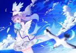  1girl ahoge animal azur_lane bangs bare_shoulders bird blue_flower blue_ribbon blue_rose blue_sky blurry blurry_foreground blush bouquet clouds commentary_request covered_mouth day depth_of_field detached_sleeves dress dutch_angle eyebrows_visible_through_hair feathered_wings feathers flower holding holding_bouquet horizon long_hair long_sleeves looking_at_viewer ocean on_head one_side_up outdoors pleated_dress purple_hair ribbon rose seagull sky solo standing stuffed_animal stuffed_pegasus stuffed_toy stuffed_unicorn thigh-highs unicorn_(azur_lane) very_long_hair violet_eyes water white_dress white_feathers white_flower white_legwear white_rose white_wings wings yuujin_(mhhnp306) 
