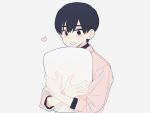  1boy :d black_eyes black_hair commentary_request grey_background heart hirota_tsuu holding holding_pillow long_sleeves open_mouth original pillow pink_shirt shirt simple_background smile solo upper_body 