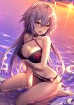  1girl ahoge arm_under_breasts bare_shoulders between_legs bikini black_bikini black_choker blush breasts choker cleavage collar collarbone commentary_request fate/grand_order fate_(series) hair_between_eyes hand_between_legs jeanne_d&#039;arc_(alter_swimsuit_berserker) jeanne_d&#039;arc_(fate)_(all) large_breasts long_hair looking_at_viewer navel o-ring o-ring_bikini o-ring_bottom o-ring_top ocean open_mouth partially_submerged riichu seiza silver_hair sitting sunset swimsuit waist water wet yellow_eyes 