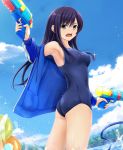  &gt;:o 1girl armpits ass black_hair blue_eyes blue_jacket blue_sky breasts commentary_request cowboy_shot dual_wielding holding holding_water_gun jacket long_hair medium_breasts nonaka_ritsu original sky solo swimsuit track_jacket water_gun 