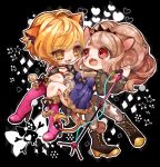  2girls animal_ears big_hair black_background black_choker black_jacket blonde_hair blush boots brown_hair carrying chibi chino_machiko choker copyright_request dress eye_contact fangs grey_legwear high_heel_boots high_heels holding holding_microphone jacket jewelry lion_ears lion_tail looking_at_another microphone microphone_stand multiple_girls necklace outline pantyhose pigeon-toed pink_footwear ponytail princess_carry purple_dress red_eyes short_sleeves slit_pupils smile tail white_outline yellow_eyes yuri 
