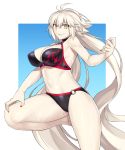  1girl ahoge bangs bikini black_bikini blue_background bnc_(bunshi) border breasts choker cleavage collarbone fate/grand_order fate_(series) gradient gradient_background grin hair_between_eyes hips jeanne_d&#039;arc_(alter_swimsuit_berserker) jeanne_d&#039;arc_(fate)_(all) large_breasts leg_up long_hair looking_at_viewer nail_polish navel o-ring o-ring_bikini red_nails silver_hair smile solo swimsuit thighs very_long_hair waist white_border yellow_eyes 
