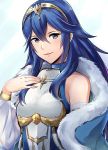  1girl a_meno0 alternate_costume blue_eyes blue_hair blush cape fire_emblem fire_emblem:_kakusei fire_emblem_cipher long_hair looking_at_viewer lucina simple_background smile solo tiara 