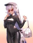  1girl altera_(fate) arms_up bag bangs black_dress black_fire_(peter02713) black_ribbon blunt_bangs breasts covered_navel dark_skin dress drooling duffel_bag expressionless eyebrows_visible_through_hair fate/grand_order fate_(series) fingernails glasses gradient gradient_background grey_hair headband heroic_spirit_traveling_outfit highres long_sleeves looking_at_viewer medium_breasts mouth_hold pink_background red-framed_eyewear red_eyes ribbon saliva shiny shiny_hair short_hair sidelocks solo standing turtleneck veil visor_cap white_background 