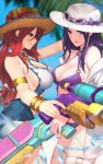  2girls absurdres armlet bangs bikini blurry bow breasts caitlyn_(league_of_legends) cleavage criss-cross_halter depth_of_field eyelashes eyes_visible_through_hair front-tie_bikini front-tie_top half-closed_eyes halterneck hat highres league_of_legends lips medium_breasts medium_hair multiple_girls nail_polish navel o-ring o-ring_bikini o-ring_top off_shoulder open_clothes open_mouth open_shirt outdoors pd_(pdpdlv1) pool_party_caitlyn pool_party_miss_fortune purple_bikini purple_hair red_bow redhead sarah_fortune shirt sideboob sidelocks smile straw_hat sunglasses swimsuit violet_eyes water water_gun wet wet_clothes wet_shirt 