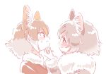  2girls animal_ears blush borrowed_character cat_ears commentary czechoslovakian_wolfdog_(kemono_friends)_(kitsunetsuki_itsuki) dog_ears eyebrows_visible_through_hair fur_collar fur_trim grey_hair hand_on_another&#039;s_chin headshot highres kemono_friends light_brown_hair long_sleeves mitsumoto_jouji multicolored_hair multiple_girls norwegian_forest_cat_(kemono_friends)_(mitsumoto_jouji) original short_hair sweatdrop white_hair 