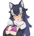  1girl :p animal_ears black_hair blue_eyes blush breasts error eyebrows_visible_through_hair fur_collar gloves grey_wolf_(kemono_friends) hair_between_eyes juz kemono_friends large_breasts long_hair multicolored_hair paw_pose pink_bikini_top simple_background solo tongue tongue_out two-tone_hair upper_body v-shaped_eyebrows white_background white_gloves white_hair wolf_ears 