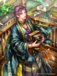  architecture balcony brown_eyes camera dr. east_asian_architecture floral_print from_above hakama_pants holding holding_camera japanese_clothes leaves_in_wind looking_at_viewer male_focus medium_hair official_art outdoors purple_hair railing standing tenka_touitsu_chronicle tree watermark wide_sleeves wind 