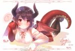  1girl :o ? artist_name asymmetrical_arms black_legwear blouse blush book breasts claws commentary_request dated dragon_girl dragon_horns dragon_tail dragon_wings frilled_blouse granblue_fantasy grea_(shingeki_no_bahamut) horns large_breasts looking_at_viewer lying on_stomach plaid plaid_skirt pointy_ears purple_hair red_eyes shingeki_no_bahamut short_hair signature skirt solo speech_bubble spoken_question_mark tail thigh-highs togami_(tobysou526) torn_blouse torn_clothes torn_sleeve translated white_background white_blouse wings 