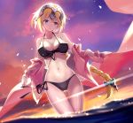  1girl augu_(523764197) bangs bikini blonde_hair blush bow braid breasts clouds collarbone dutch_angle eyebrows_visible_through_hair fate/grand_order fate_(series) gluteal_fold hair_between_eyes hair_bow highres jeanne_d&#039;arc_(fate)_(all) jeanne_d&#039;arc_(swimsuit_archer) large_breasts long_hair long_sleeves looking_at_viewer ocean outdoors parted_lips shawl sidelocks single_braid sky solo sparkle sunset swimsuit wading wind 