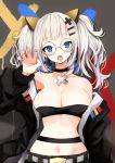  1girl bespectacled blue_eyes breasts claw_pose cleavage glasses hair_ornament hairclip highres kaguya_luna kaguya_luna_(character) looking_at_viewer nail_polish naruwe navel open_mouth ribbon silver_hair twintails virtual_youtuber wrist_ribbon 