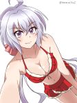  1girl ahoge bare_shoulders bikini breasts cleavage emmxd325 hair_between_eyes highres large_breasts leaning_forward looking_at_viewer midriff navel purple_hair red_bikini self_shot senki_zesshou_symphogear simple_background smile solo swimsuit twintails twitter_username violet_eyes white_background yukine_chris 