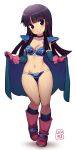  1girl 2018 absurdres armor bangs bikini_armor black_hair blue_choker blunt_bangs blush boots breasts cape chi-chi_(dragon_ball) choker cleavage closed_mouth dragon_ball eyebrows_visible_through_hair female full_body gloves hands_up head_tilt highres hime_cut holding holding_cape long_hair looking_at_viewer no_headwear no_helmet pink_footwear pink_gloves shirt simple_background smile solo standing violet_eyes white_shirt zeshgolden 