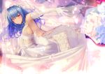  1girl ahoge armpits ass azur_lane bangs bare_shoulders blue_hair blurry blurry_background blush bouquet_toss breasts bridal_veil bride church cleavage dress dress_lift drill_hair elbow_gloves eyebrows_visible_through_hair floating_hair gloves hair_between_eyes highres large_breasts lifted_by_self light_particles long_hair looking_at_viewer outstretched_arm petals satou_daiji see-through sideboob smile solo st._louis_(azur_lane) veil violet_eyes wedding_dress white_dress white_gloves wind wind_lift 