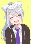  1girl :d ^_^ black_hoodie bow closed_eyes closed_eyes commentary_request hair_bow hijiki_(hijikini) mole mole_under_eye nijisanji open_mouth ponytail purple_neckwear shirt silver_hair simple_background smile solo teeth tsukino_mito virtual_youtuber white_bow white_shirt yellow_background 