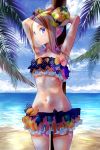  1girl abigail_williams_(fate/grand_order) alternate_hairstyle armpits arms_behind_head arms_up awa_(rosemarygarden) bangs bare_shoulders beach bikini black_bikini black_bow blonde_hair blue_eyes blue_sky blush bow collarbone double_bun fate/grand_order fate_(series) flat_chest forehead frilled_bikini frills hair_bow hips long_hair looking_at_viewer looking_to_the_side miniskirt navel ocean orange_bow palm_tree parted_bangs parted_lips polka_dot polka_dot_bow shadow skirt sky solo sunlight swimsuit thighs tree waist 