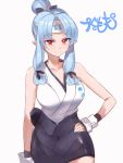  1girl blue_hair commentary_request copyright_name fingerless_gloves gloves hair_bun hand_on_hip headband kiriha_(tsugumomo) long_hair looking_at_viewer pointy_ears red_eyes simple_background sketch smile solo tsugumomo white_background yostxxx 
