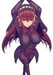  1girl arms_up bangs blush bodysuit breasts covered_navel eyebrows_visible_through_hair fate/grand_order fate_(series) from_above full_body highres large_breasts legs_crossed long_hair looking_at_viewer purple_hair red_eyes scathach_(fate)_(all) scathach_(fate/grand_order) sidelocks simple_background smile solo standing veil white_background z1npool 