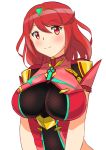  1girl absurdres armor bangs breasts gem hair_ornament headpiece highres pyra_(xenoblade) jewelry large_breasts nintendo red_eyes redhead short_hair simple_background smile solo swept_bangs theakingu tiara white_background xenoblade_(series) xenoblade_2 