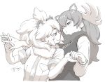  2girls animal_ears artist_name bangs closed_mouth commentary eyebrows_visible_through_hair fur_collar hand_holding interlocked_fingers kemono_friends lion_(kemono_friends) lion_ears long_hair long_sleeves looking_at_another medium_hair monochrome moose_(kemono_friends) moose_ears multiple_girls necktie oono_tsutomu parted_lips shirt short_sleeves signature smile standing yuri 