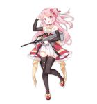  1girl :d arm_up arm_warmers assault_rifle bangs bare_shoulders black_legwear blush bow brown_bow bullpup chihong_de_tianshi commentary_request eyebrows_visible_through_hair fang full_body gun hair_bow head_tilt highres holding holding_gun holding_weapon long_hair looking_at_viewer mary_janes one_side_up open_mouth original pink_hair pleated_skirt red_bow red_eyes red_footwear red_skirt rifle salute shirt shoes skirt sleeveless sleeveless_shirt smile solo standing standing_on_one_leg steyr_aug striped striped_bow thigh-highs trigger_discipline very_long_hair weapon white_background white_shirt white_skirt 