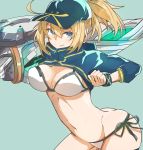  1girl absurdres ahoge aqua_background artoria_pendragon_(all) ass bikini blonde_hair blue_eyes breasts butt_crack cleavage eyebrows_visible_through_hair fate/grand_order fate_(series) gin_moku groin groin_tendon hair_between_eyes hat highres large_breasts medium_breasts mysterious_heroine_xx_(foreigner) navel ponytail side-tie_bikini smile solo swimsuit 