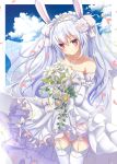  1girl animal_ears aruka_(alka_p1) azur_lane bare_shoulders bouquet bridal_veil clouds commentary_request detached_sleeves dress fake_animal_ears flower garter_straps hair_flower hair_ornament highres holding holding_bouquet jewelry laffey_(azur_lane) lavender_hair lily_(flower) long_hair looking_at_viewer necklace outside_border red_eyes rose sky solo thigh-highs tiara veil wedding_dress white_dress white_flower white_legwear white_rose 