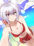  1girl ahoge bare_shoulders bikini breasts cleavage emmxd325 hair_between_eyes highres large_breasts leaning_forward looking_at_viewer midriff navel purple_hair red_bikini self_shot senki_zesshou_symphogear smile solo swimsuit twintails twitter_username violet_eyes yukine_chris 