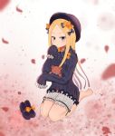  1girl :o abigail_williams_(fate/grand_order) bangs barefoot black_bow black_dress black_footwear black_hat blonde_hair bloomers blue_eyes blurry blurry_background blush bow bug butterfly depth_of_field dress eyebrows_visible_through_hair fate/grand_order fate_(series) forehead hair_bow hand_up hat highres insect kubong long_hair long_sleeves mary_janes object_hug orange_bow parted_bangs parted_lips petals polka_dot polka_dot_bow seiza shoes shoes_removed sitting sleeves_past_fingers sleeves_past_wrists soles solo stuffed_animal stuffed_toy teddy_bear underwear very_long_hair white_bloomers 