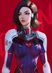  1girl 2018 bodysuit breasts brown_hair d.mon_(overwatch) flipped_hair headphones highres lips medium_breasts medium_hair nose overwatch pilot_suit raikoart ribbed_bodysuit shoulder_pads signature skin_tight solo 