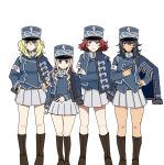  4girls adapted_uniform andou_(girls_und_panzer) armband azumi_(girls_und_panzer) bangs bc_freedom_(emblem) bc_freedom_military_uniform black_footwear black_hair blonde_hair blue_eyes blue_hat blue_jacket blue_vest boots brown_eyes closed_mouth commentary_request crossed_arms dark_skin dress_shirt dress_uniform drill_hair emblem girls_und_panzer green_eyes gun hand_on_hip hands_on_hips hat high_collar highres holding holding_gun holding_weapon jacket jacket_on_shoulders knee_boots korean_commentary light_frown long_hair long_sleeves looking_at_viewer marie_(girls_und_panzer) medium_hair messy_hair military military_hat military_uniform miniskirt multiple_girls oshida_(girls_und_panzer) perfect_han pleated_skirt redhead school_connection shako_cap shirt short_hair simple_background skirt smile standing symbol_commentary uniform vest weapon weapon_request white_background white_shirt white_skirt zipper 