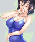  aona_(kuuga19yuu) asobi_asobase black-framed_eyewear black_hair blue_swimsuit blush breasts brown_eyes cleavage collarbone covered_navel covering_mouth glasses large_breasts looking_at_viewer nomura_kasumi nose_blush school_swimsuit short_hair swimsuit upper_body 