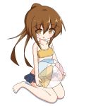  1girl :o ball bangs bare_arms bare_legs bare_shoulders barefoot beachball bikini_top blue_skirt blush brown_bikini_top brown_eyes brown_hair collarbone commentary_request eyebrows_visible_through_hair full_body fumizuki_(kantai_collection) hair_between_eyes high_ponytail highres holding holding_ball ichi kantai_collection long_hair parted_lips pleated_skirt ponytail shadow sidelocks sitting skirt solo transparent very_long_hair wariza white_background 