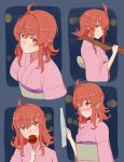  1girl ahoge alternate_costume arashi_(kantai_collection) blush candy_apple clothes_pull eyebrows_visible_through_hair food grin holding holding_food holding_rifle japanese_clothes kantai_collection kimono looking_at_viewer messy_hair multiple_views over_shoulder pink_kimono red_eyes redhead shooting_gallery smile tsurugi_muda weapon weapon_over_shoulder yukata 